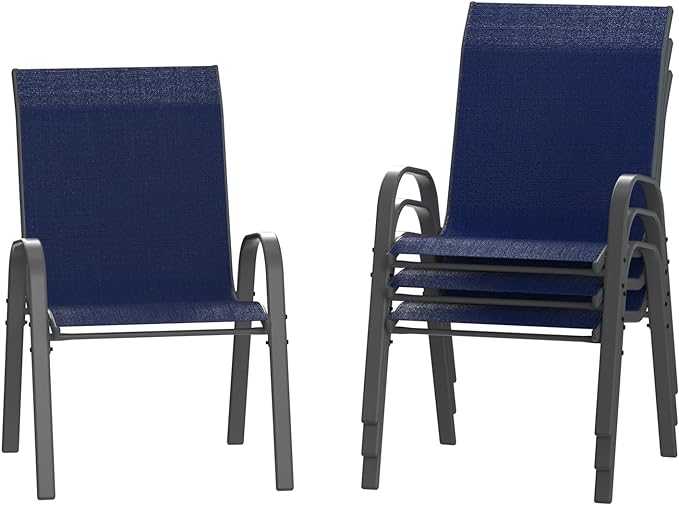 Amopatio Patio Chairs Set of 4, Outdoor Stackable Dining Chairs for All Weather, Comfortable Breathable Garden Outdoor Furniture for Backyard Deck, Blue