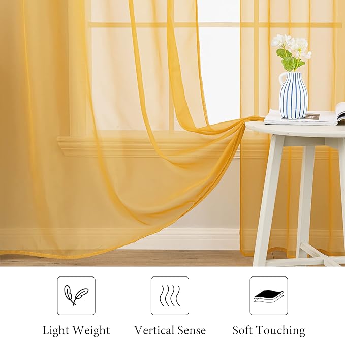 MIULEE 2 Panels Solid Color Sheer Window Curtains Elegant Window Voile Fall Panels/Drapes/Treatment for Bedroom Living Room (54X54 Inches Gold)