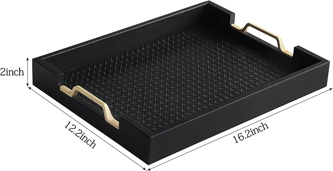 HofferRuffer Faux Leather Rectangle Serving Tray Decor Platter with Gold Metal Handles for Coffee Table, Breakfast, Tea, Food, Countertop, Kitchen, Butler Tray, 16.2 x 12.2 x 2 inches (Classic Black)