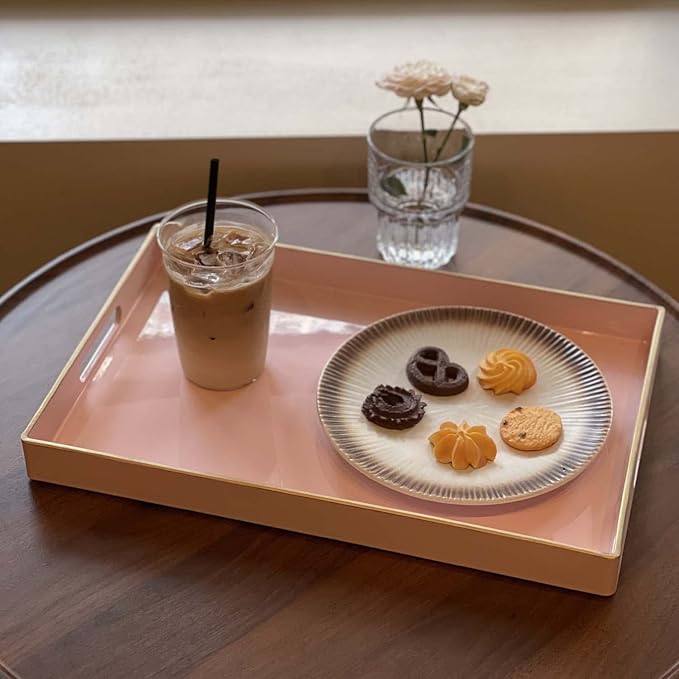 Zosenley Decorative Tray, Rectangular Plastic Tray with Handles, Modern Vanity Tray and Serving Tray for Bathroom, Kitchen, Ottoman and Coffee Table, 15.6” x 10.2” (Pink)
