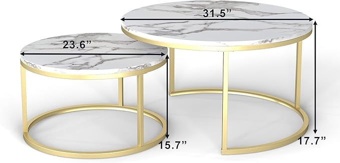 Nesting Coffee Table Set of 2, 31.5" Round Coffee Table Wooden Marble Pattern Accent Furniture, Industrial End Table for Living Room Bedroom Balcony (White/Gold)