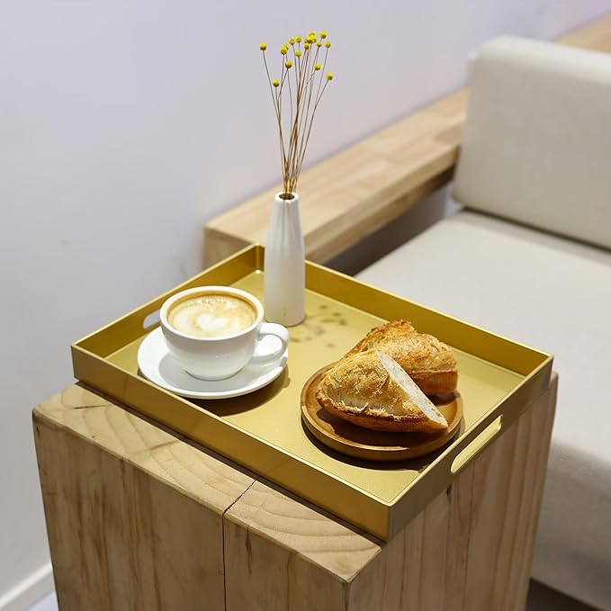 Spsyrine Gold Plastic Serving Tray for Ottoman, Coffee Table, Rectangle Decorative Tray for Entertaining, Outdoor, Living Room, Home Decor