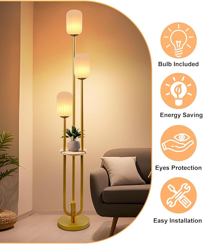 Lightdot Gold Dimmable Floor Lamp with Shelf, Modern Floor Lamps with Oval Striped Lampshade 3000K Soft Warm White 3-Lights Candle Holder Style Tall Lamp for Living Room/Bedroom