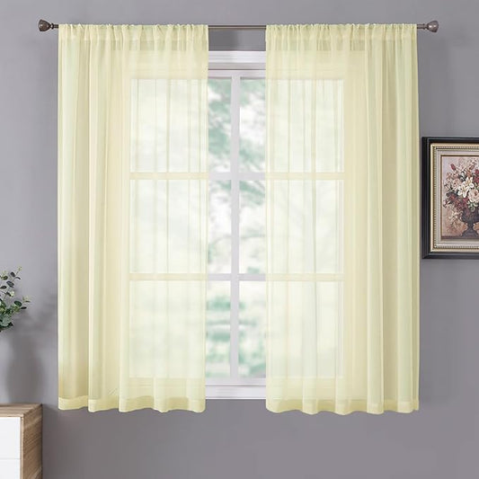 Tollpiz Short Sheer Curtains Linen Textured Bedroom Curtain Sheers Light Filtering Rod Pocket Voile Curtains for Living Room, 54 x 45 inches Long, Transparent Yellow, Set of 2 Panels