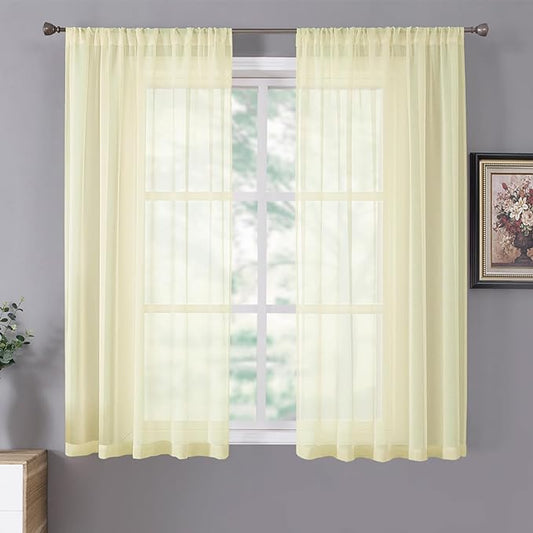Tollpiz Short Sheer Curtain Linen Textured Living Room Curtains Sheer Light Filtering Rod Pocket Voile Curtain for Bedroom, 42 x 54 inches Long, Transparent Yellow, Set of 2 Panels