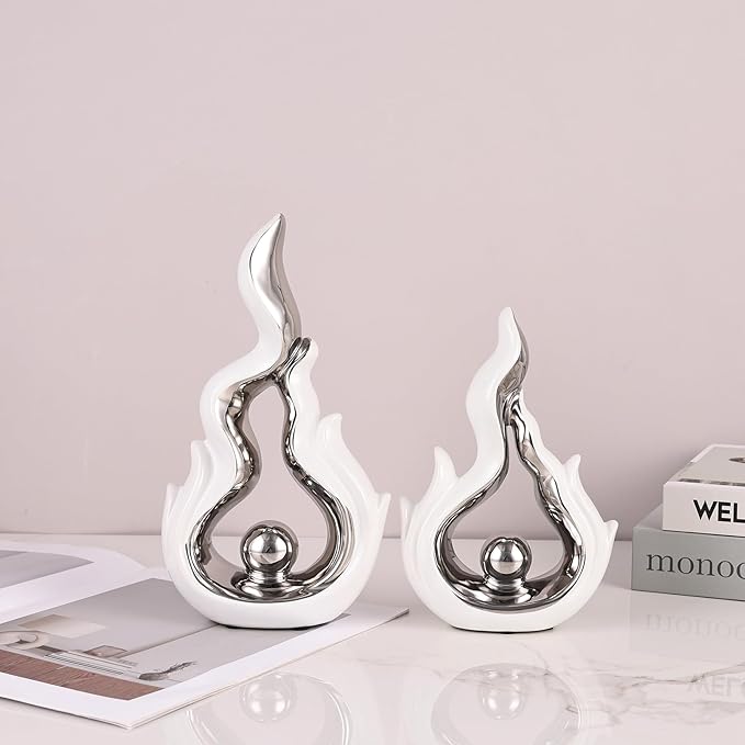 2 Pcs White and Silver Ceramic Sculptures for Home Decor, Modern Abstract Art Statues, Centerpieces for Dining Room Table, Living Room, Shelf, Mantel, Coffee Table, Entryway Accent Decorations