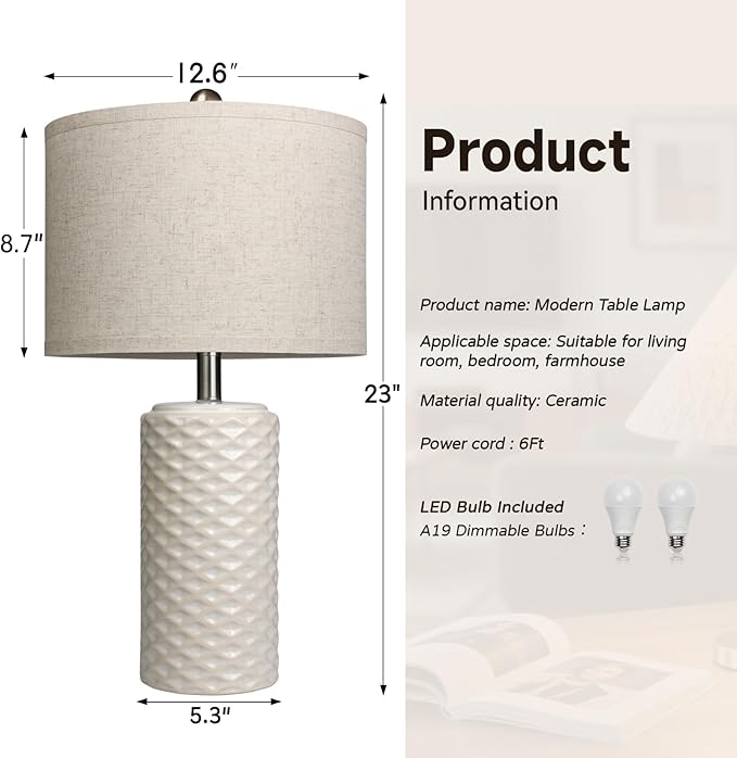 23" Bedside Lamps Set of 2, Dimmable Ceramic Table Lamps for Night Stands Modern Farmhouse Bedroom Lamps with Timer, Nightstand Table Lamps for Living Room End Table, Beige, LED Bulb Included