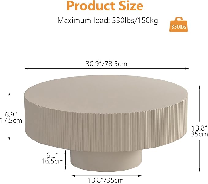 Modern Wood Round Coffee Table - Handcraft Drum Coffee Tables with Sturdy Base, Easy Assembly, Contemporary Style Small Coffee Table Tea Table for Living Room, Bedroom, Office (White Thick)