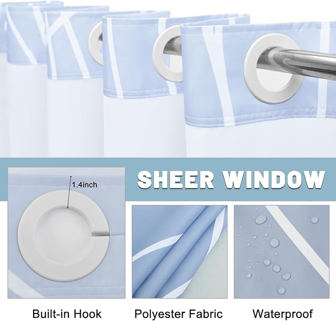 No Hook Ombre Blue Striped Shower Curtain with Snap in Liner Set - Hotel Shower Curtain and Liner Set with See Through Mesh Top Window,Machine Washable, 71x74 INCH