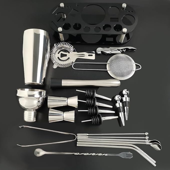 Cocktail Shaker Set, 24oz Cocktail Shaker 21-Piece Stainless Steel Bar Tools Bartending Kit with Black Acrylic Stand Cocktail Recipes Booklet for Drink Mixing, Home, Bar, Party