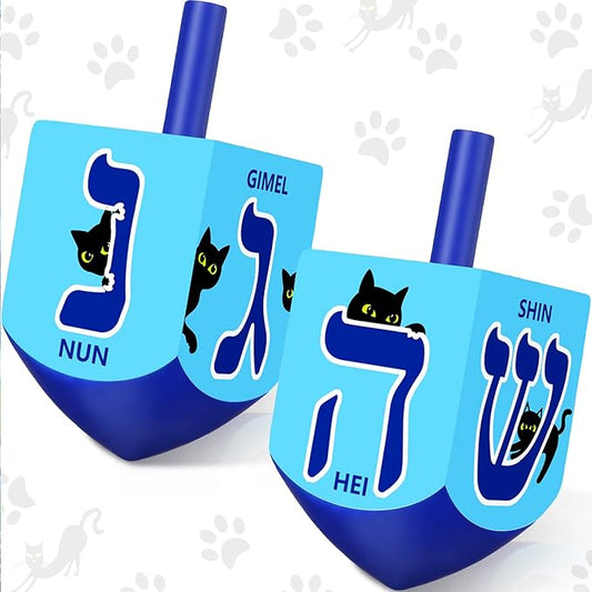 2 Pcs Hanukkah Dreidels Game Toy Extra Large Wooden Dreidel for Hanukkah Decoration with English Transliteration, Forever Spinning Tops Party Favors(Cat)