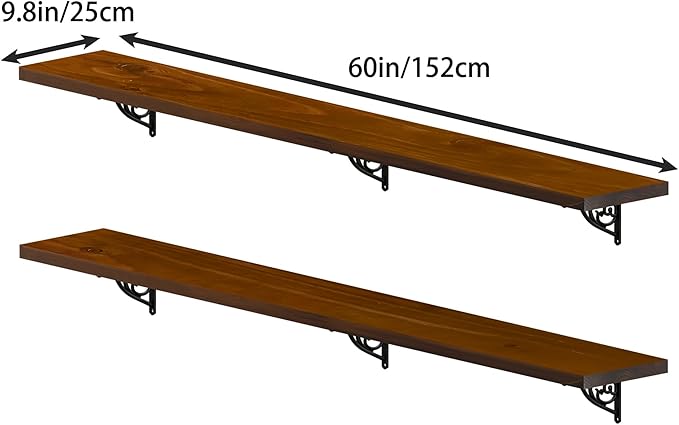 60 inch Long Floating Shelves for Wall,Solid Pine Wood Long Wall Shelves Set of 2,Walnut Color Bookshelf with Retro Iron Brackets for Living Room,Kitchen,Bathroom