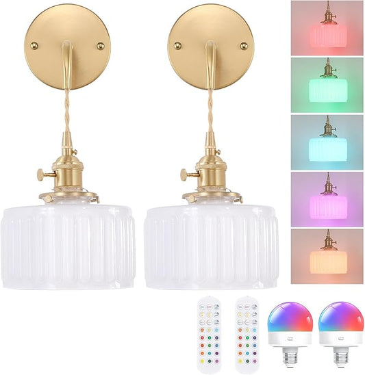 Battery Operated Wall Sconce with White Striped Shade Pattern Glass Adjustable Chain Retro Wall Mounted Light, Modern Wall Lamp Fixtures Decor for Bedside Bedroom Indoor Doorway，Set of 2