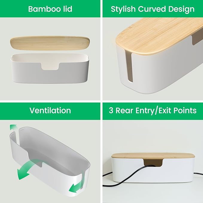 Large Cable Management Box - Cord Organize Box with Bamboo lid for Safe Home & Office, Cord Hider for Power Strip Under Desk, Cover TV Wires, Child & Pet Proof Cord Box, White