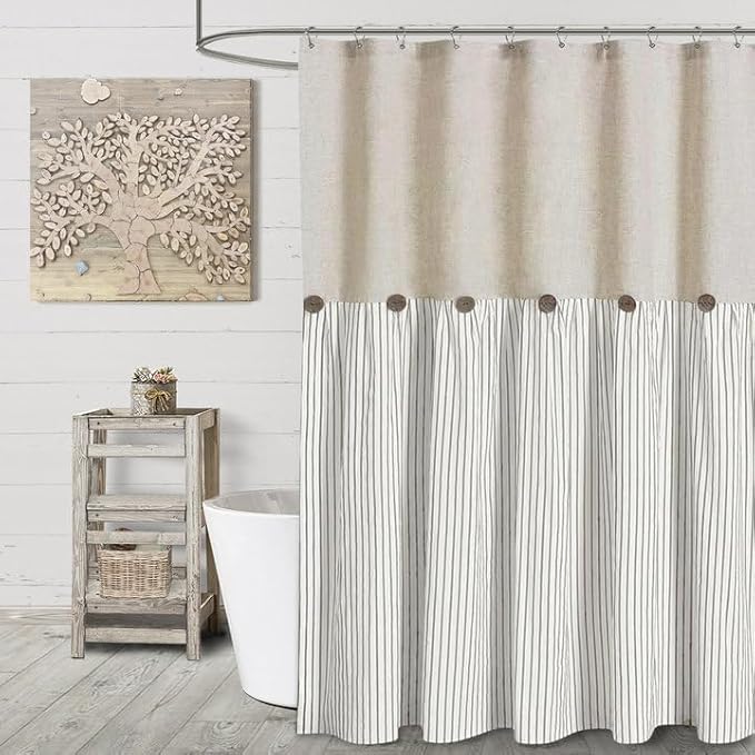 Awellife Farmhouse Beige Shower Curtain Button Linen Textured Woven Fabric,Pleated Grey Stripe,Country Style,72" W x 78" L