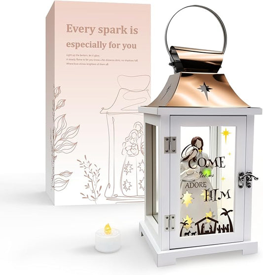 Christmas Candle Lanterns Decorative Indoor- Hanging Candle Lantern with Resin Christmas Nativity Figurine That Light up for Modern Farmhouse Decor, Xmas Lantern for Table Centerpieces, Home Décor