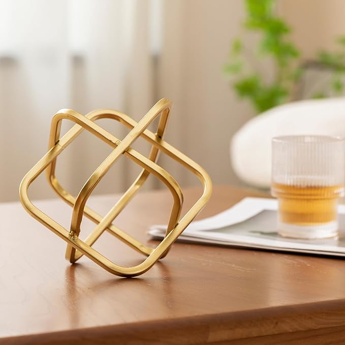 5.5" Gold Metal Geometric Sculpture, Modern Square Decorative Sphere, Small Tabletop Decoration Ball for Home Office Table Shelf Living Room Bedroom Desk Decor