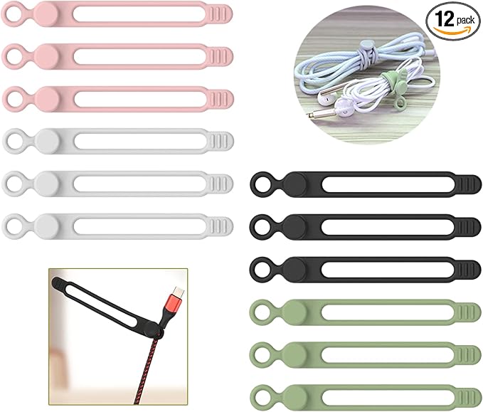 [12Park]UMUST Silicone Cable Ties, Reusable Cable Management Organizer, Cord Tie,Multipurpose Elastic Cord Organizer for Bundling and Fastening Cable Cords Wires(black,white,pink,green)