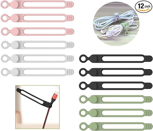 [12Park]UMUST Silicone Cable Ties, Reusable Cable Management Organizer, Cord Tie,Multipurpose Elastic Cord Organizer for Bundling and Fastening Cable Cords Wires(black,white,pink,green)