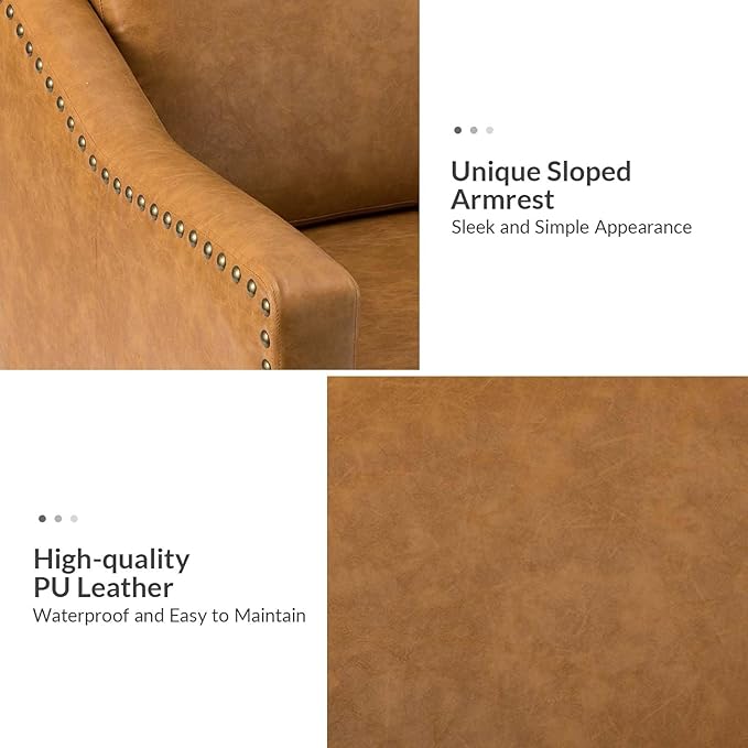 HULALA HOME Faux Leather Accent Armchairs Set of 2 with Back & Seat Cushions, Traditional Club Chairs with Nailhead Trim, Comfy Upholstered Sofa Chairs for Living Room Bedroom, Camel