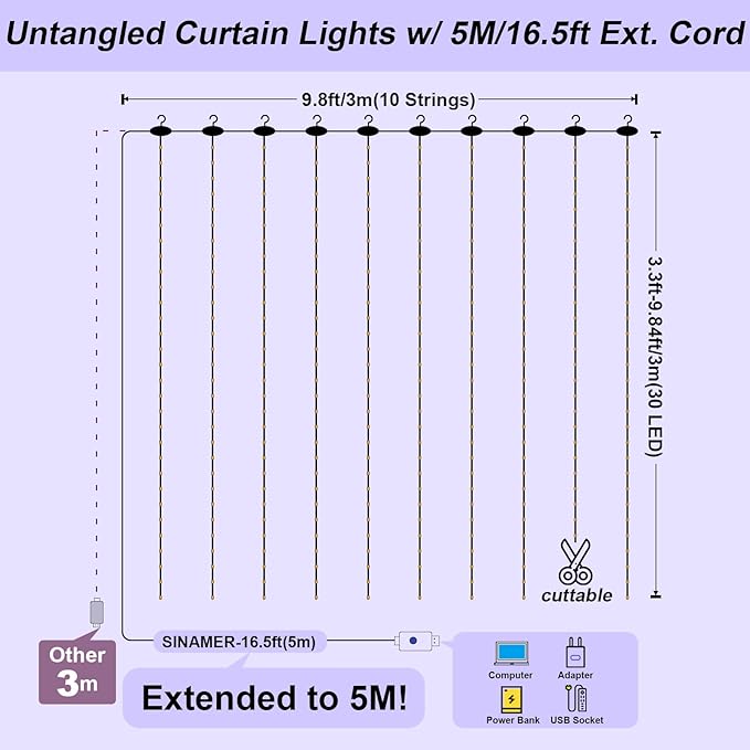 Pixie Curtain String Light with Untangled Wires, Multicolor Curtain Light for Bedroom, USB Powered 8 Modes Remote Fairy Light for Home Wedding Party Decor