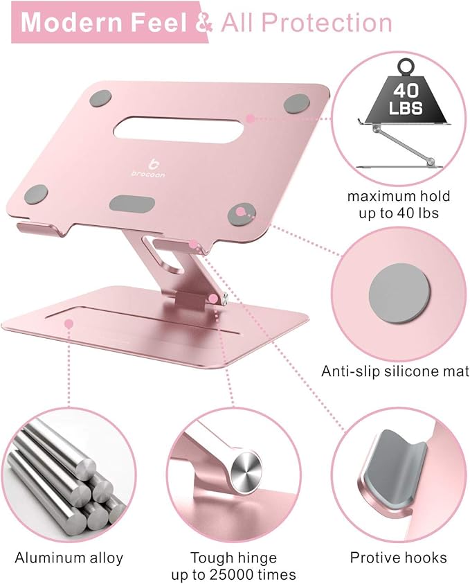 Laptop Stand | Adjustable Aluminum MacBook Riser, Ergonomic Computer Stand with Heat Vent, Fits 10–17" Laptops, Rose Gold