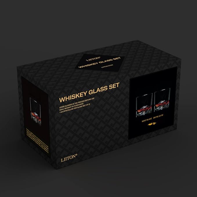 LIITON Mont Blanc Heavy Crystal Whiskey Glasses Gift Set of 2, Thick Freezable Bourbon Glass 1lb Each, Premium Whiskey Gifts for Men, Frozen Crystal Chills Cocktails, 10 oz