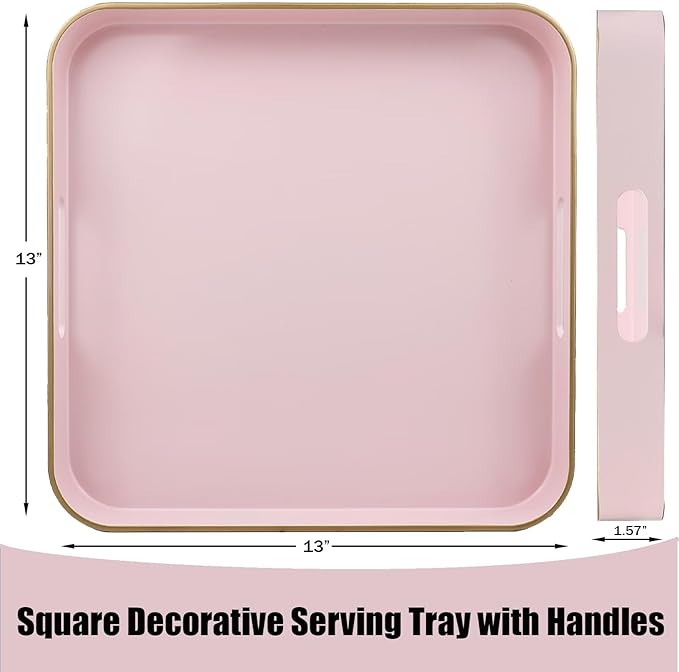 Pink Square Decorative Tray with Handles, 13"*13" Versatile Serving Tray for Coffee Table, Ottoman, Ideal for Serving, Displaying, Organizing