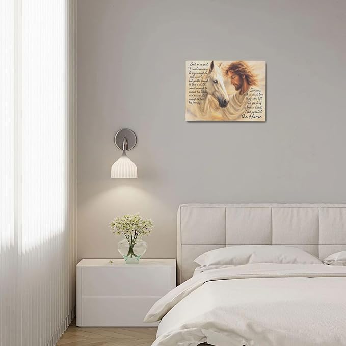 Horse Wall Art Christian Jesus Canvas Wall Decor Scripture Pictures Christ Paintings Prints Religious Bible verse Artwork Framed Decorations For Church Prayer Room Bathroom Bedroom Living Room Gifts 16" x 12"