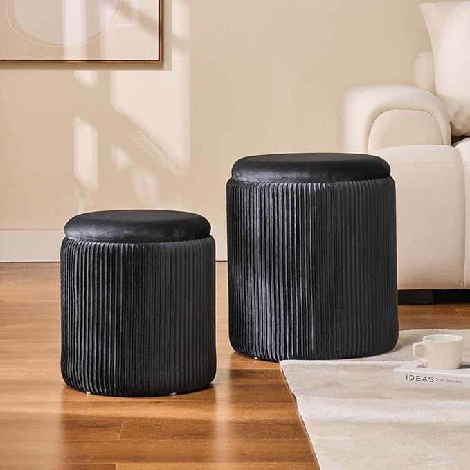 Round Set of 2 Ottoman with Storage-Upholstered Velvet Vanity Stool for Makeup Multifunctional Ottomans Coffee Table Padded Seat Foot Rest for Living Room&Bedroom (Black)