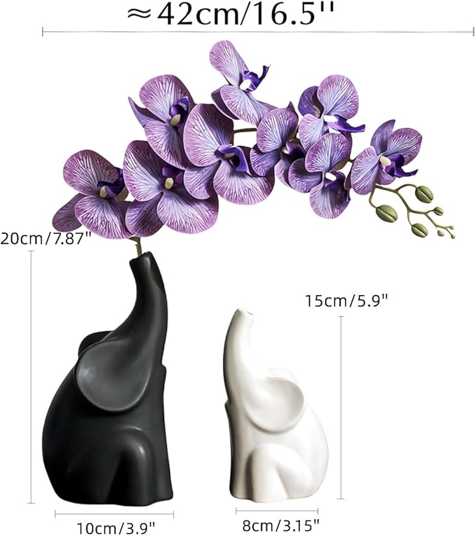 Loving Pair of Elephants,with Flower,Modern Ceramic Decor Statue,Good Luck Elephant,for Bookshelf Living Room Office Table Shelf Decorations.Gifts for Lover, Wife, Mother. (Black white purple)