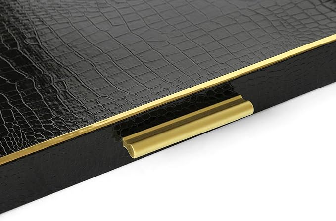 HofferRuffer Extra Large Square Serving Tray, Elegant Faux Leather Ottoman Tray with Gold Hardware Handles, Serve Tea, Coffee or Breakfast in Bed, 24 x 24 inches (Black Croco)