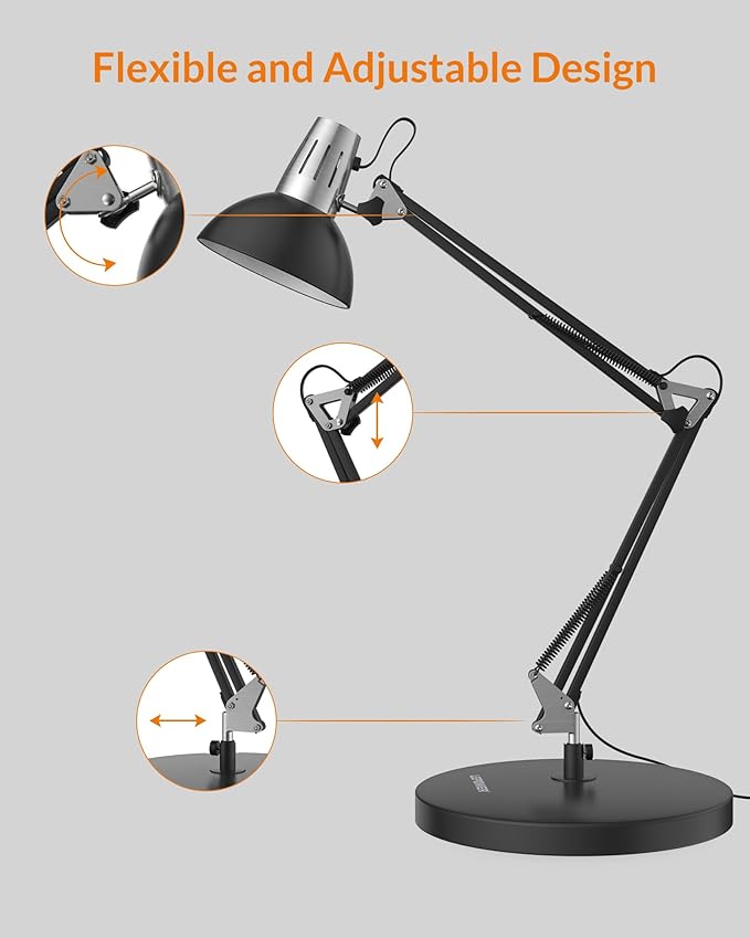LEPOWER Metal Desk Lamp, Adjustable Goose Neck Architect Table Lamp with On/Off Switch, Swing Arm Desk Lamp with Clamp, Eye-Caring Reading Lamp for Bedroom, Study Room &Office (Black)