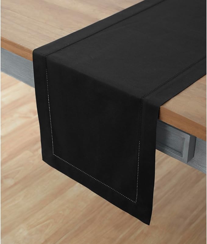 Solino Home Cotton Linen Black Table Runner 72 Inches Long - Hemstitch Table Runner 14 x 72 Inch for Dresser, Dining, Fall, Autumn, Halloween, Thanksgiving, Holiday