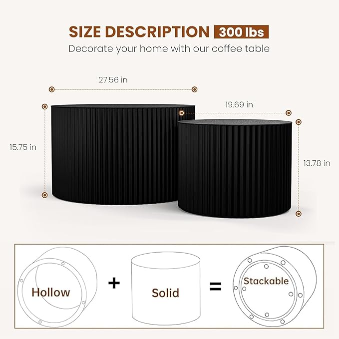 Nesting Coffee Tables Set of 2 Wooden Round Coffee Table Circle Nesting Table Space-Saving Design Modern Coffee Table Round Accent Tables Set for Living Room Bedroom Office (Black D27.5+D19.7“)