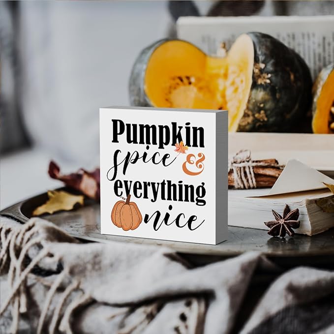 HTBIG Fall Wooden Box Sign Desk Decor, 5.1 X 5.1 Inch Pumpkin Autumn Wood Sign for Tiered Tray Decor for Home Living Room Harvest Day Thanksgiving Tabletop Decor-Pumpkin Spice Everything