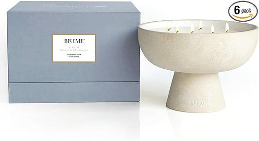 BLUEME Osmanthus & Sandalwood, Luxury Candle w/Essential Oils, 6 Wick, Hand-Poured Soy, Cotton Wick, Ceramic