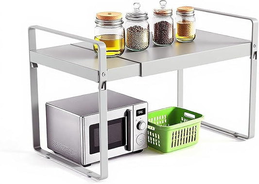 Expandable Cabinet Shelf Organizer 14-25 Inch Adjustable Length, 11" Wide 2-Tier (8" Bottom Layer) Metal Storage Rack for Kitchen Pantry, Under Sink Countertop - Heavy Duty White(1 Pack)
