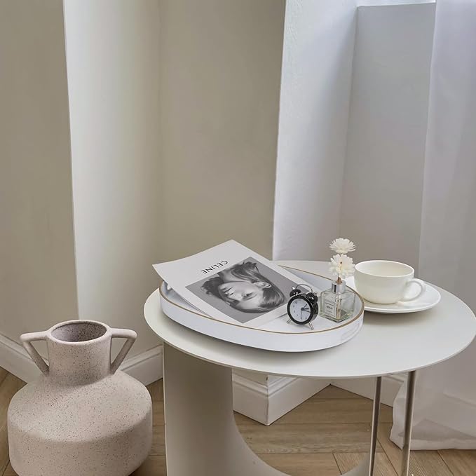 MAONAME White Decorative Tray, Oval Serving Tray with Handles, Plastic Trays for Coffee Table, Ottoman Trays for Living Room, Bathroom, 15.6" X 10.6" X 1.4"