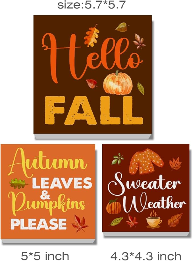 3 Pcs Hello Fall Wood Signs Decor Autumn Wood Block Signs Farmhouse Fall Pumpkins Leaves Pumpkin Please Wooden Box Signs Home Decorations for Kitchen Tiered Tray Desk Table Shelf