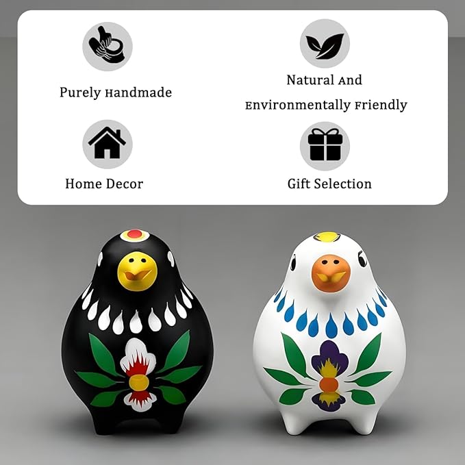 Decorative Clay Bird Figurines Hand-Painted Folk Art Design Collectible Smal Figurines Holiday Birthday Couples Friend Unique Gift Idea Decorative Home Art Table Bring Good Luck (White)