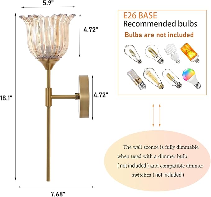 Gold Wall Sconce Set of 2 with Amber Glass Shades Modern Mid Century Bathroom Vanity Wall Light Fixtures Industrial Brushed Brass Wall Lamp for Bedroom Mirror Living Room Restaurant