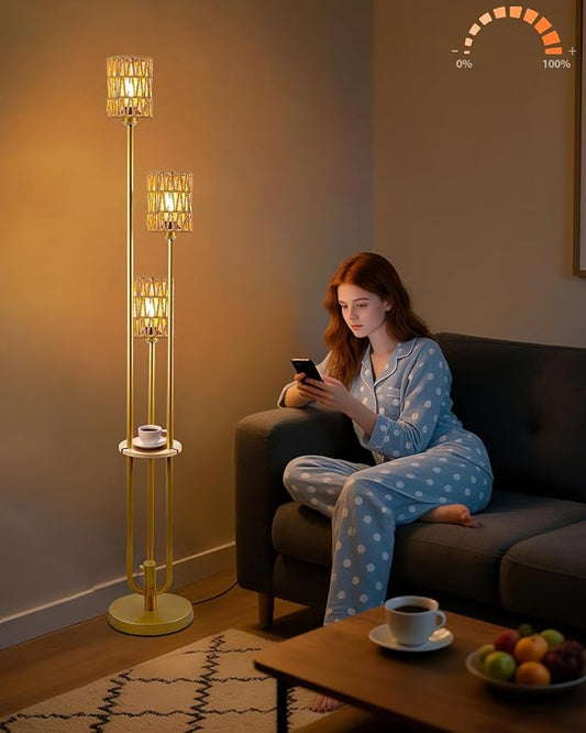 Lightdot Dimmable Boho Floor Lamps with Table, 3-Lights Rattan Floor Lamp with Shelves, 3000K Warmwhite Candle Holder Style Farmhouse Floor Lamp, Rustic Gold Standing Lamp for Living Room Bedroom