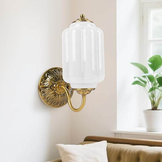 Vintage Wall Sconce, White Milk Glass Light Fixture, 5.5In Art Deco Antique Wall Sconce for Bedroom Bathroom Living Room Hallway Entryway, E12 LED Bulb Included