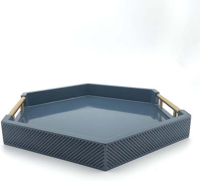 Serving Tray with Polished Metal Handles, Hexagon Coffee Table Tray, Modern Rectangle Decorative Tray, Large Ottoman Tray, Perfect for Storage and Display (Blue Hexagon)