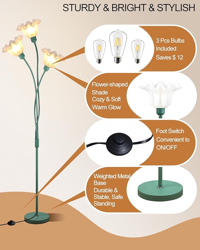 Lightdot Vintage Flower Floor Lamp for Living Room, Modern Standing Lamp with Adjustable Goosenecks, Cute Corner Floor Lamps for Kids Reading Girls' Bedroom Office Home Decor(Green)