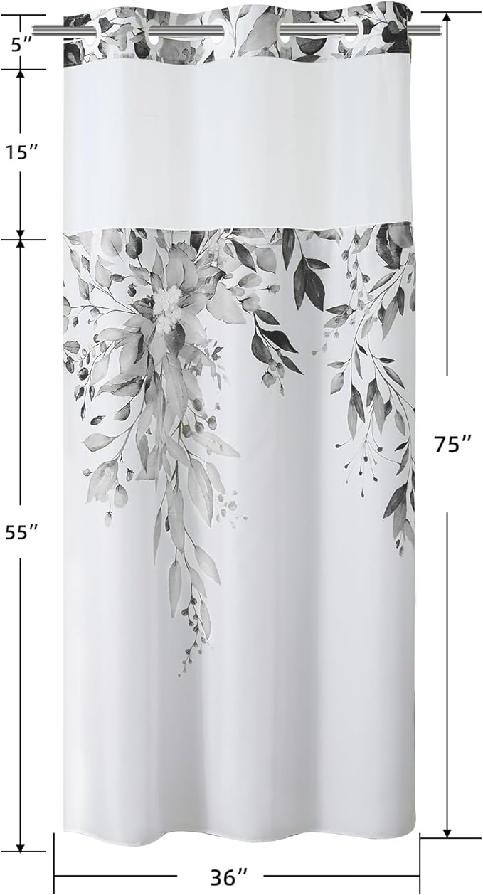 QiyI No Hook Shower Curtain with Snap in Fabric Liner, Grey Eucalyptus Shower Curtain with See Through Top Window, Waterproof Washable Cloth Ringless Shower Curtain Set for Bathroom, 36 x 75