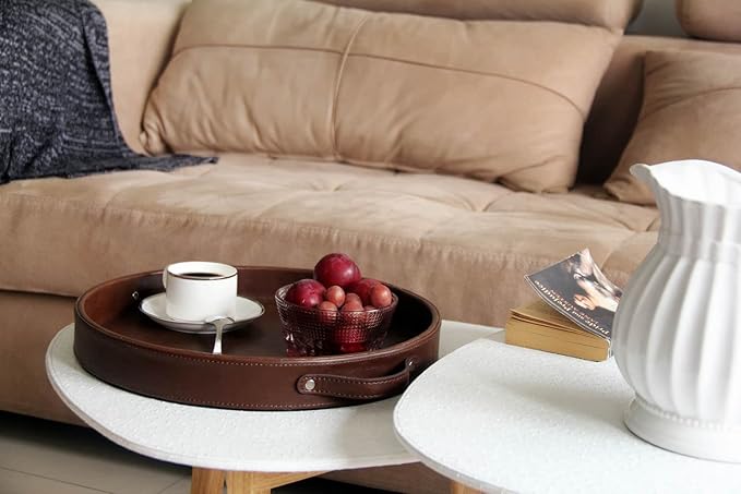 HofferRuffer Top Nocth PU Leather Round Serving Tray, Decorative Serving Tray with Handles, Coffee Tray, Ottoman Tray for Home Or Office, Diameter 14.6-inch, Brown