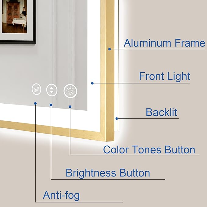 72x36 LED Bthroom Mirror with Gold Metal Frame, Dimmable Lighted Mirror with Backlit and Front-lit,LED Vanity Mirror for Wall, Memory Function, Tempered Glass, Anti-Fog