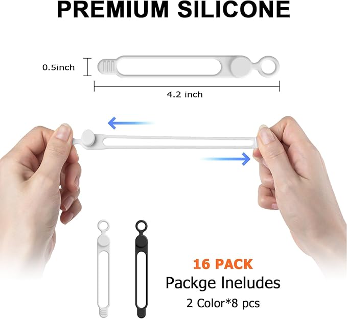 Nearockle 16Pcs 4.2" Silicone Cable Ties Cord Organizer for Cable Management, Reusable Cable Organizer Electronic Accessories in Home,Office,Kitchen,School,Travel(Black*8 & White*8)